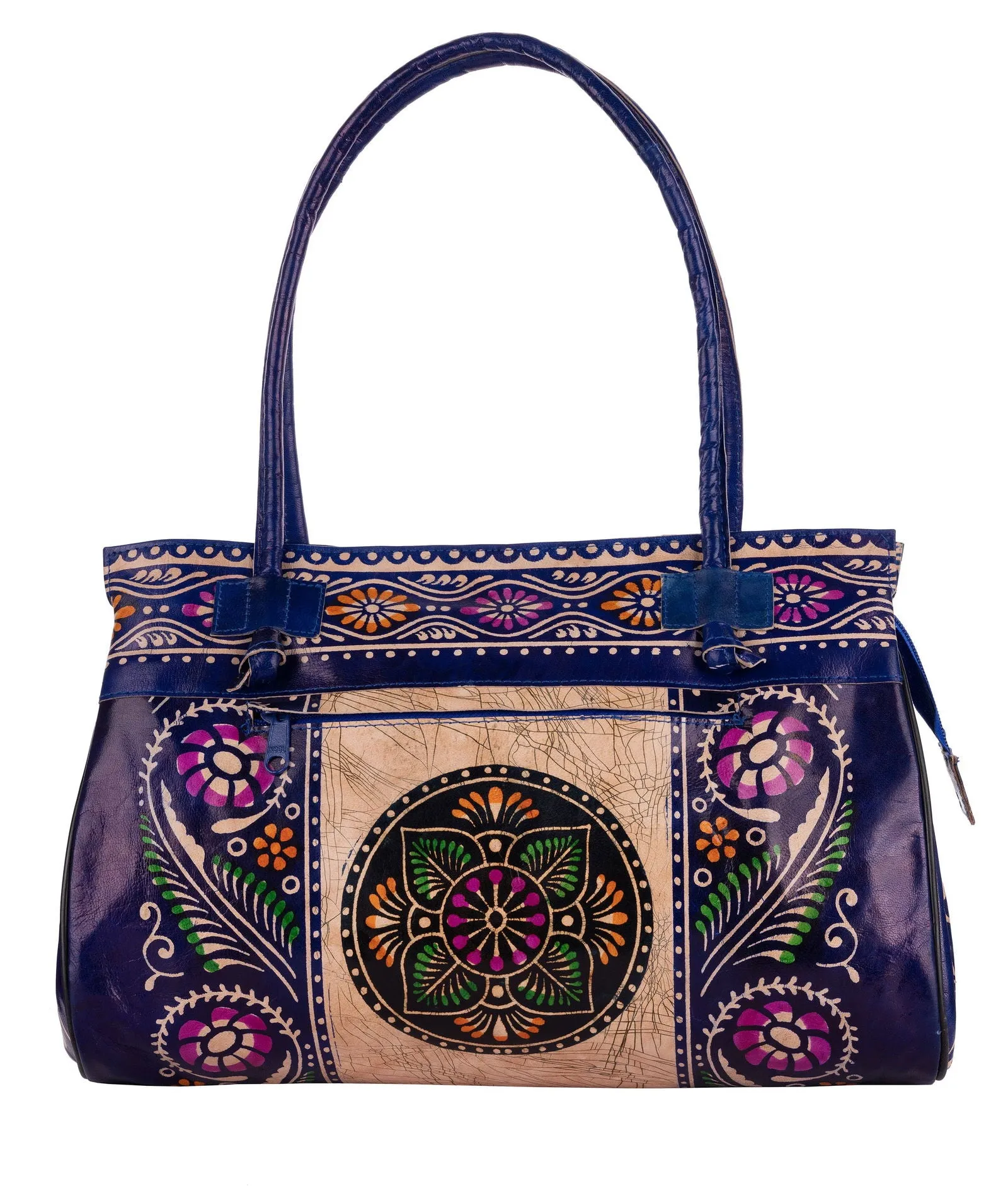 Shantiniketan Blue Leather Handbag for Women, Handcrafted in India, 15x12 Inches