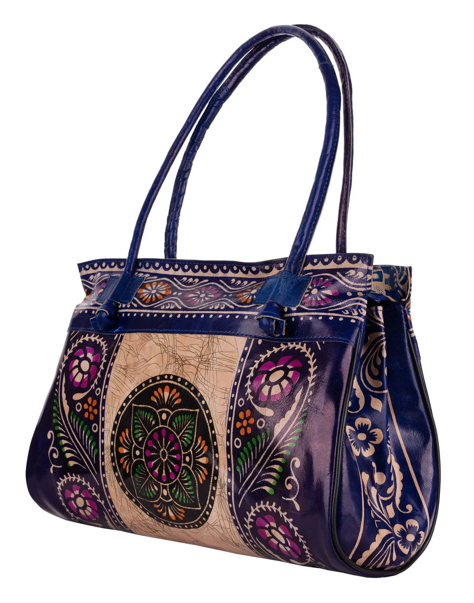 Shantiniketan Blue Leather Handbag for Women, Handcrafted in India, 15x12 Inches