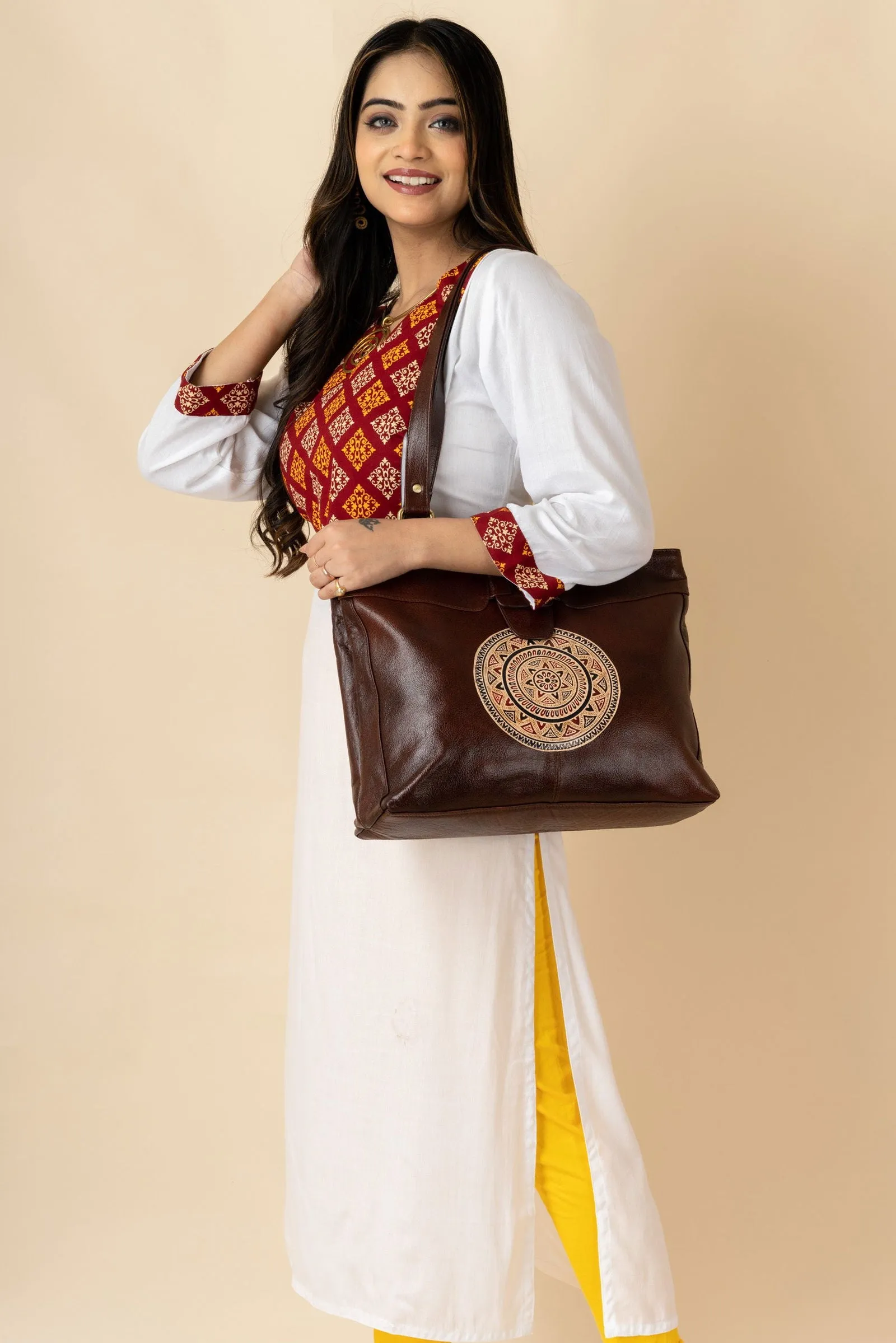 Shantiniketan Leather Handbag with Traditional Motif, 4 Spacious Compartments, Brown, 14x14 Inches