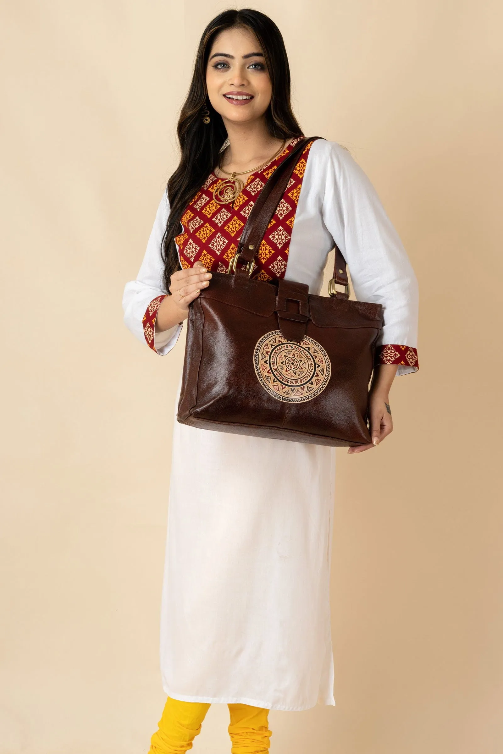 Shantiniketan Leather Handbag with Traditional Motif, 4 Spacious Compartments, Brown, 14x14 Inches