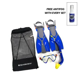 Sharkskin Junior Mask, Dry Snorkel Fin Set With Mesh Bag   Free Anti-fog