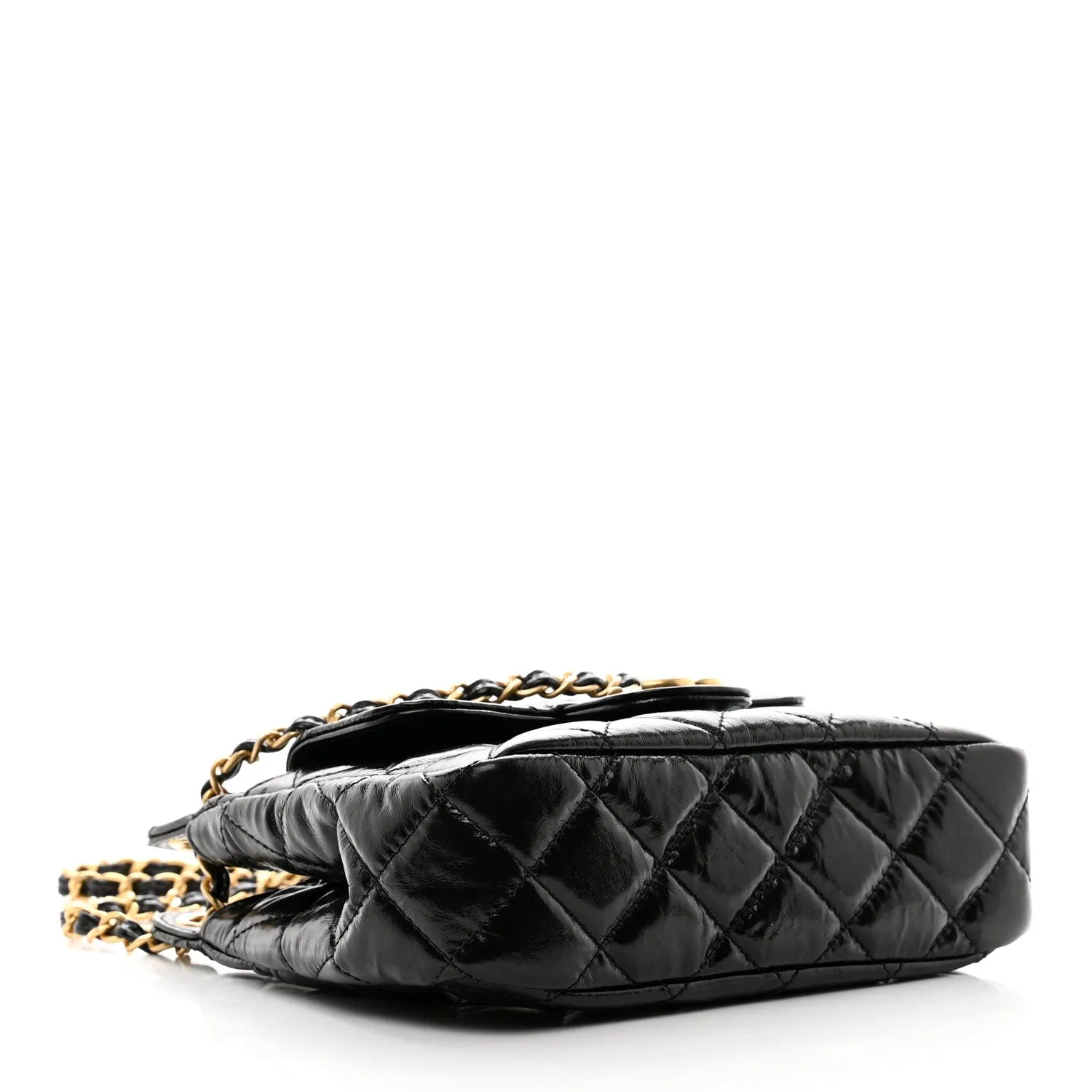 Shiny Crumpled Calfskin Quilted Small Wavy CC Hobo Black