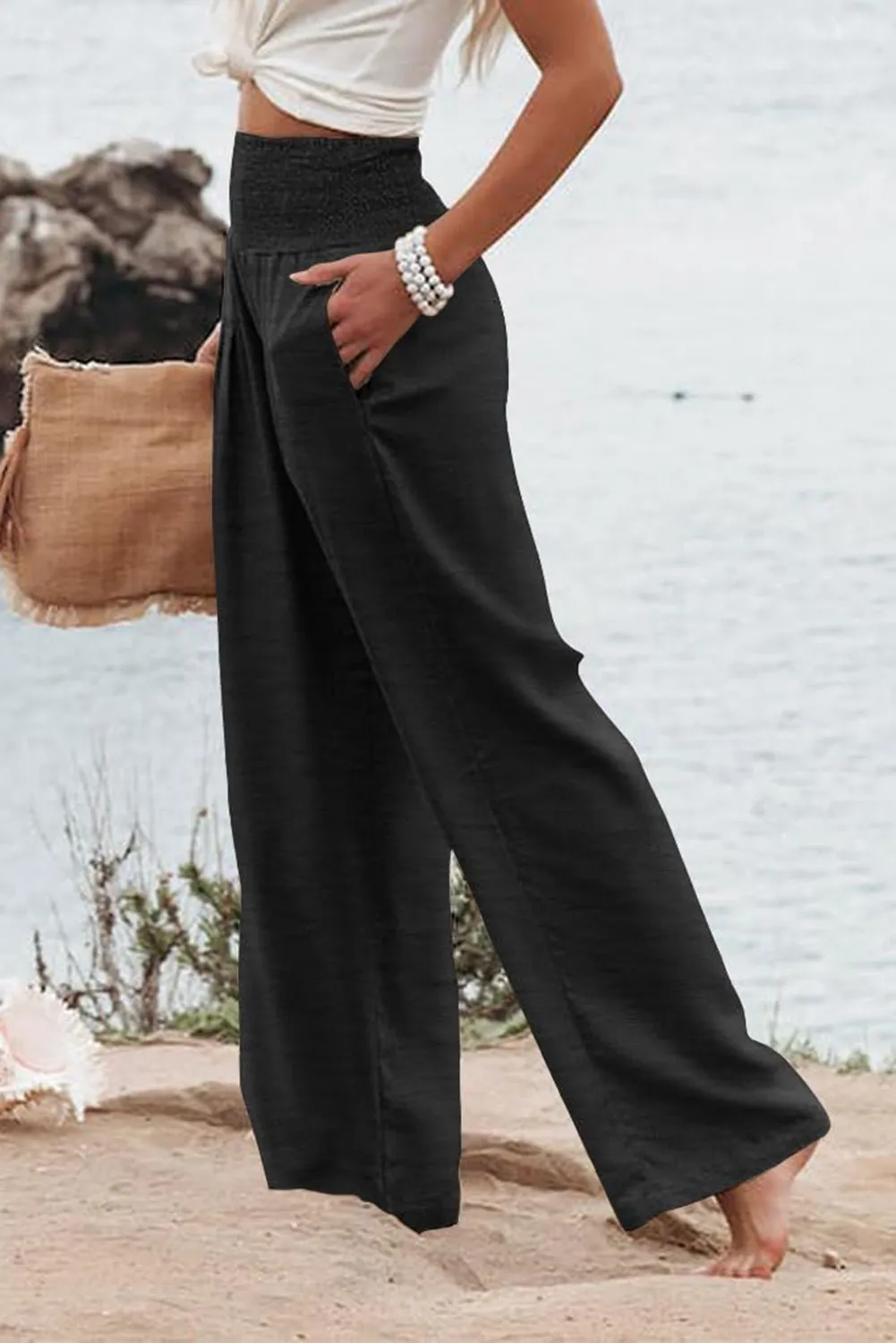 Shirred Wide Leg Pants Plus Size