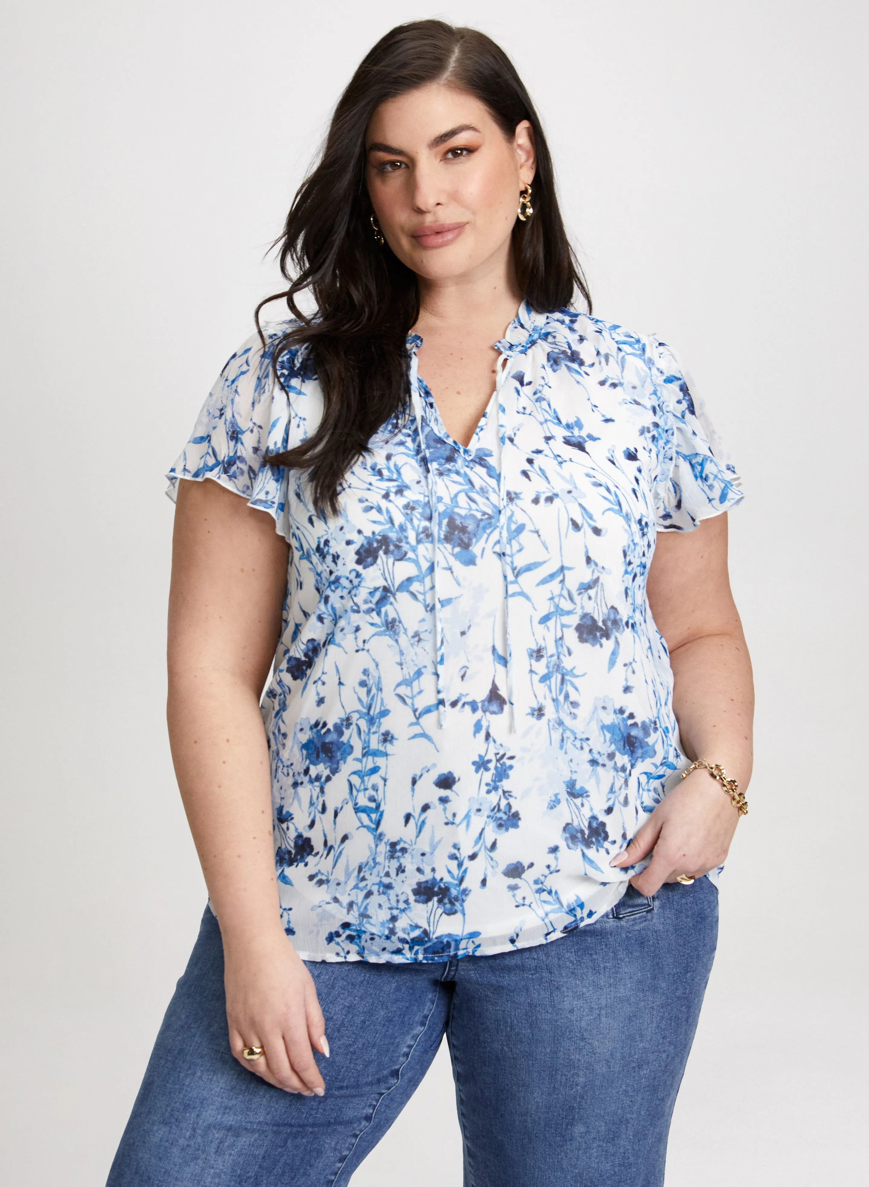 Short Ruffle Sleeve Floral Blouse