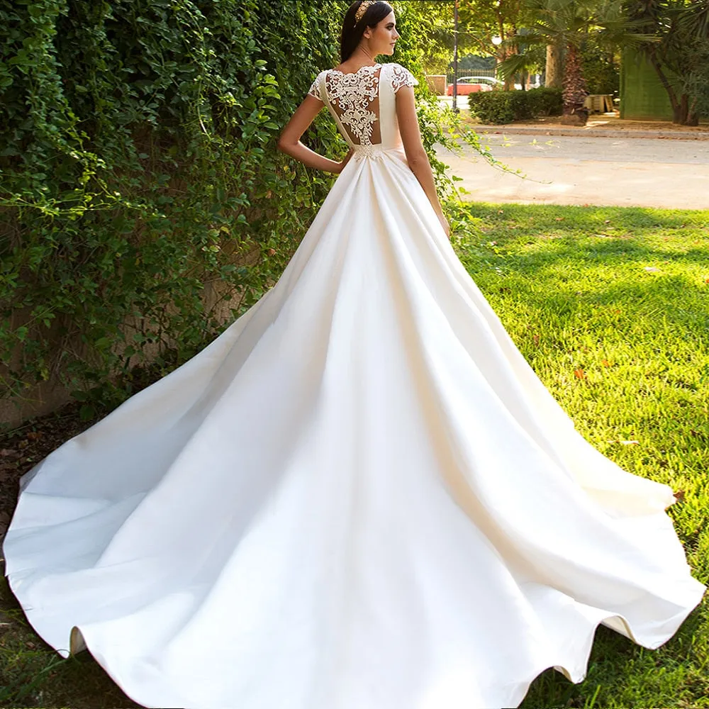 Short Sleeve Bridal Dress Beading Appliques Illusion Back France Satin Wedding Gown