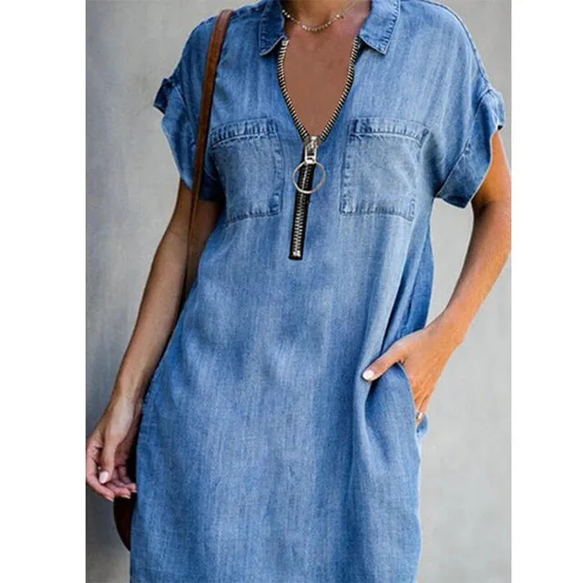 Short-sleeve loose denim look knee length dress