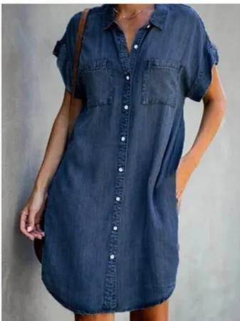 Short-sleeve loose denim look knee length dress