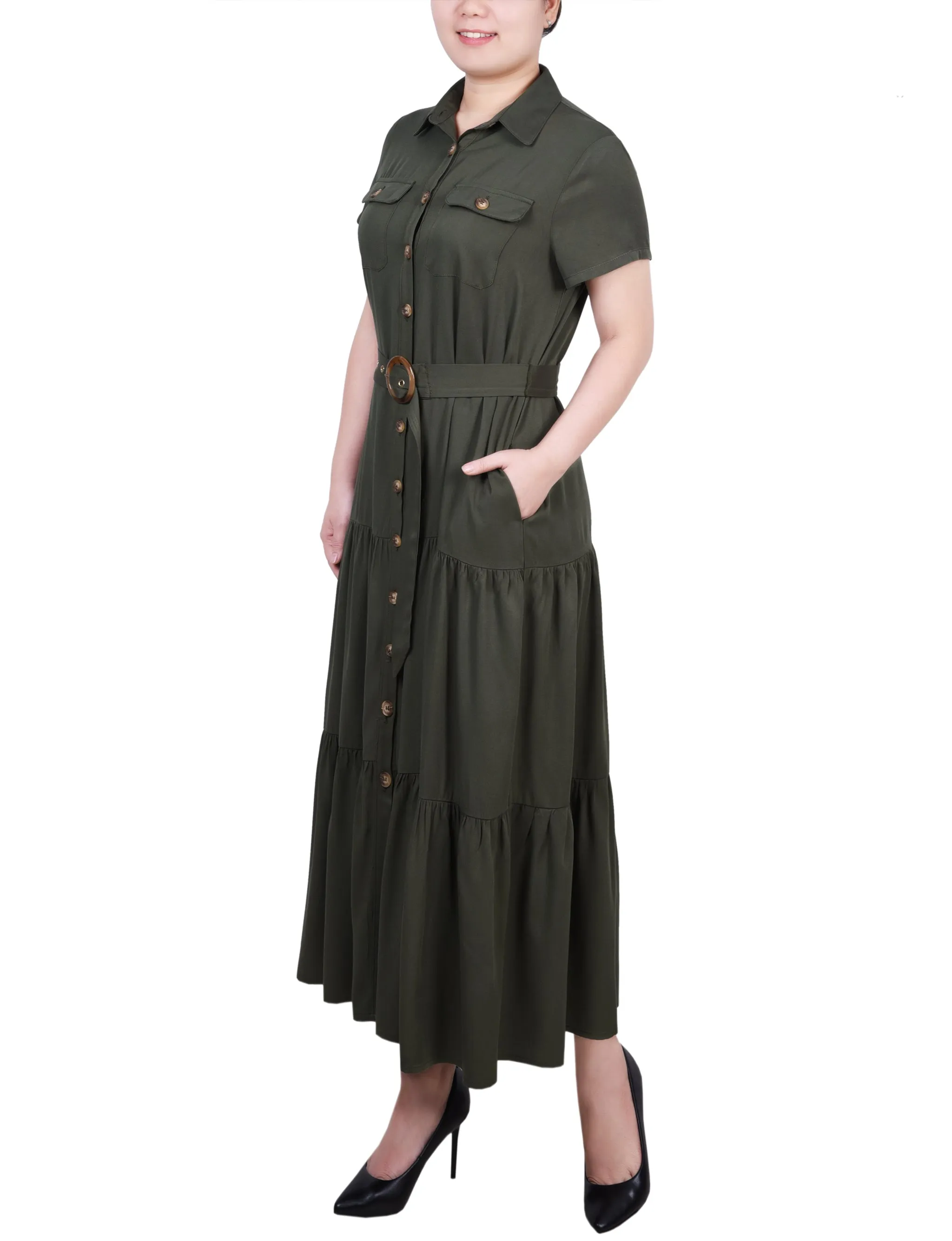 Short Sleeve Midi Twill Dress