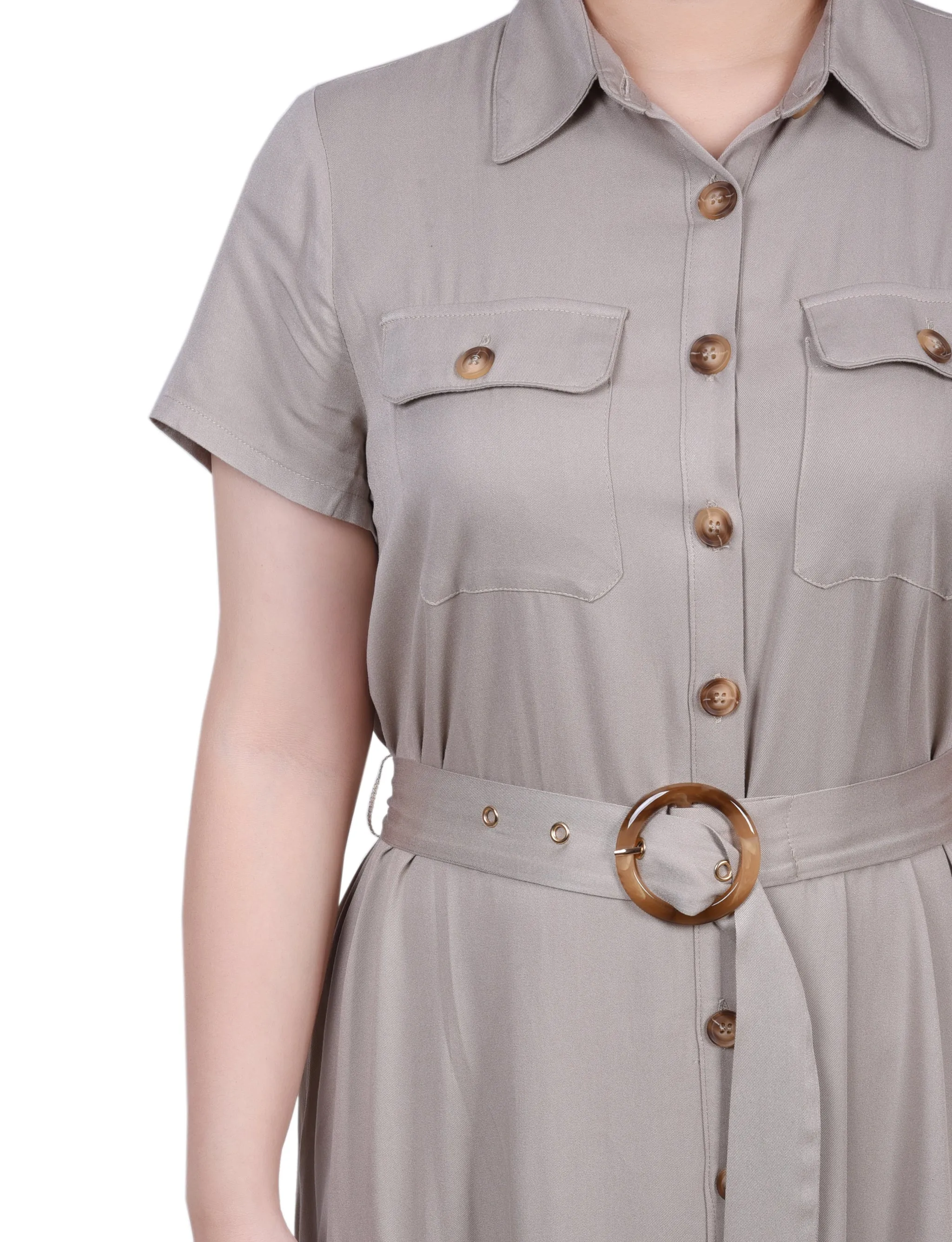 Short Sleeve Midi Twill Dress