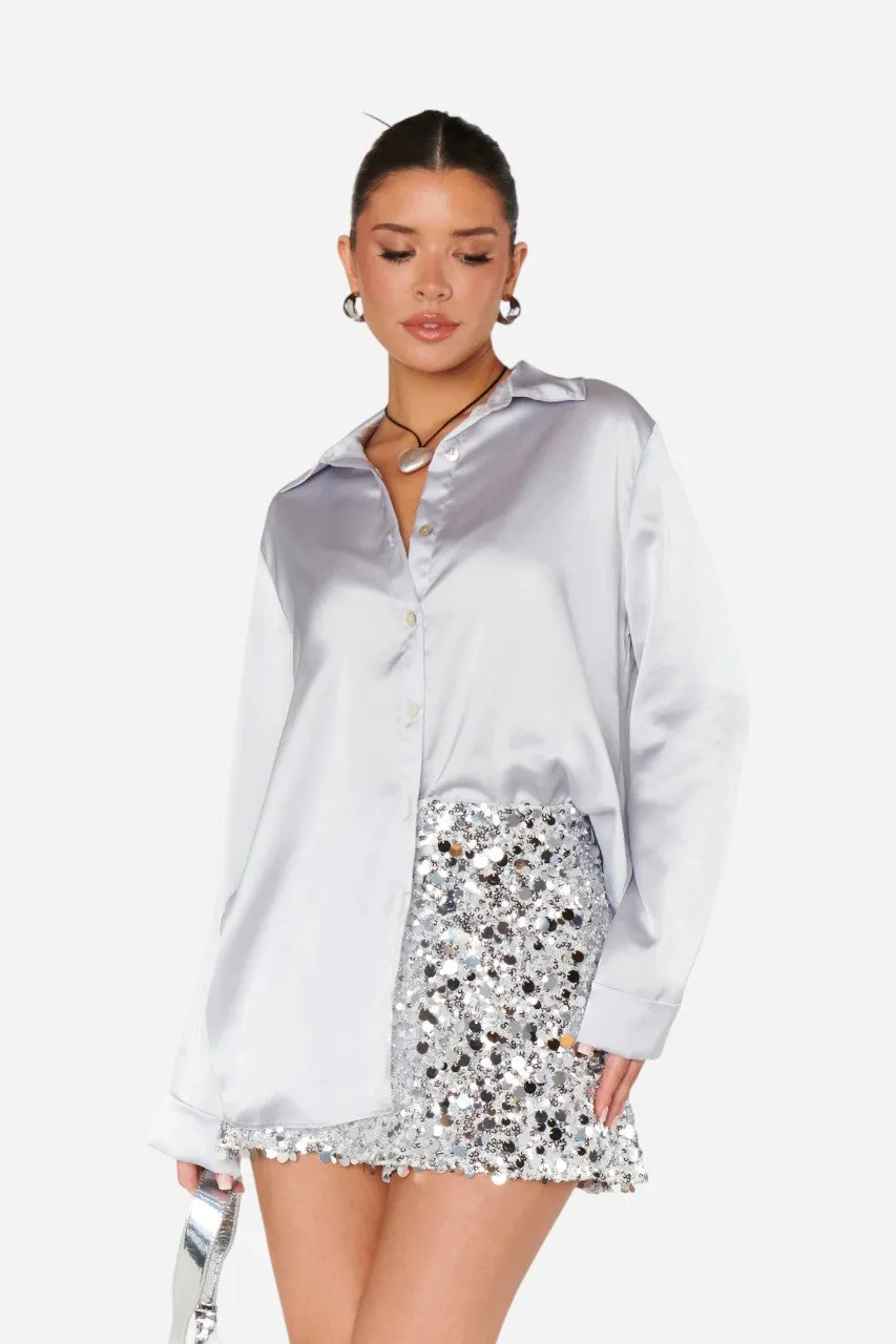 Show Me Your Mumu Smith Button Down Silver Luxe Satin