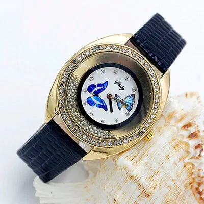 Shsby new top quality leather strap quartz watch rhinestone Rolling beads gold female watches Flower butterfly women dress watch