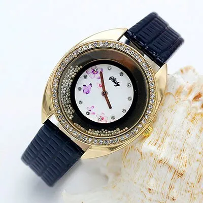 Shsby new top quality leather strap quartz watch rhinestone Rolling beads gold female watches Flower butterfly women dress watch