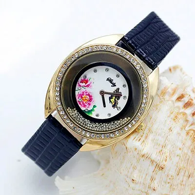 Shsby new top quality leather strap quartz watch rhinestone Rolling beads gold female watches Flower butterfly women dress watch