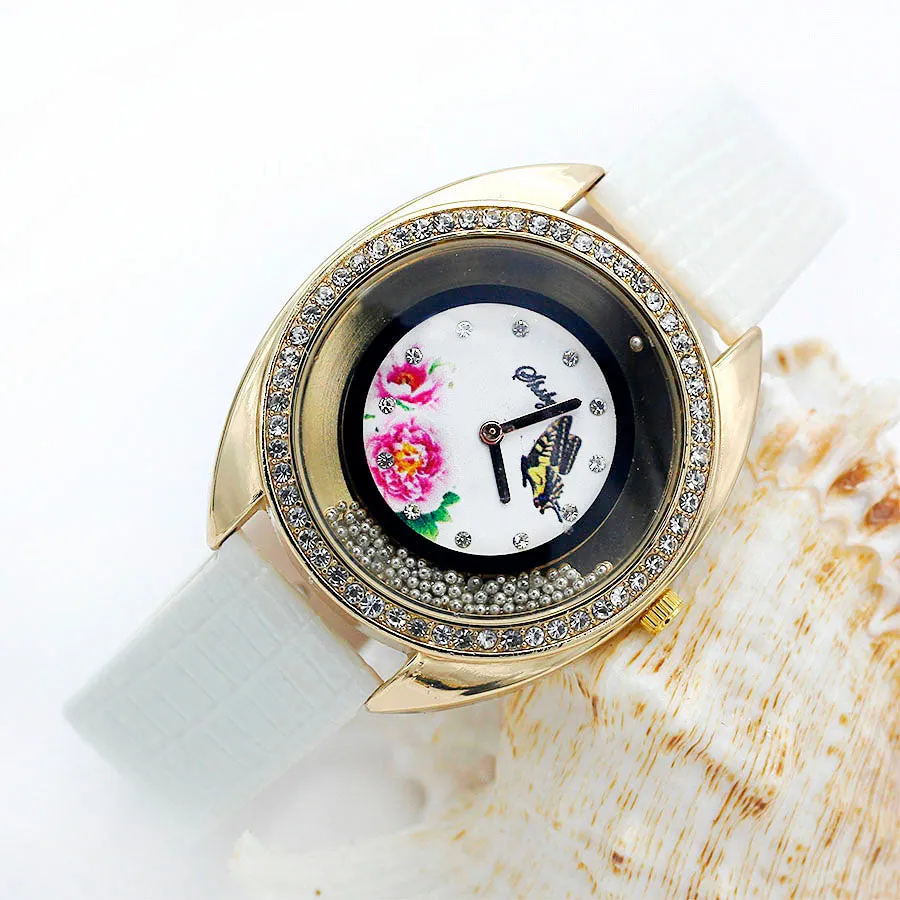 Shsby new top quality leather strap quartz watch rhinestone Rolling beads gold female watches Flower butterfly women dress watch