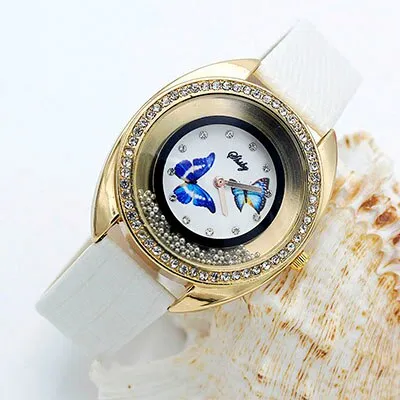 Shsby new top quality leather strap quartz watch rhinestone Rolling beads gold female watches Flower butterfly women dress watch