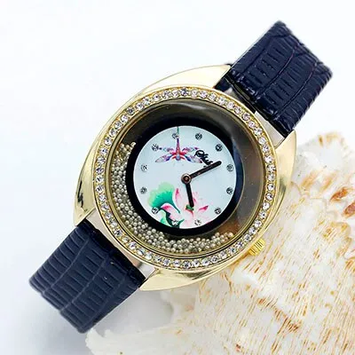 Shsby new top quality leather strap quartz watch rhinestone Rolling beads gold female watches Flower butterfly women dress watch