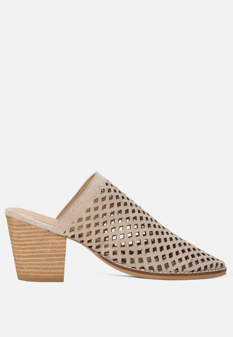 Sia Stacked Heel Laser-Cut Mules