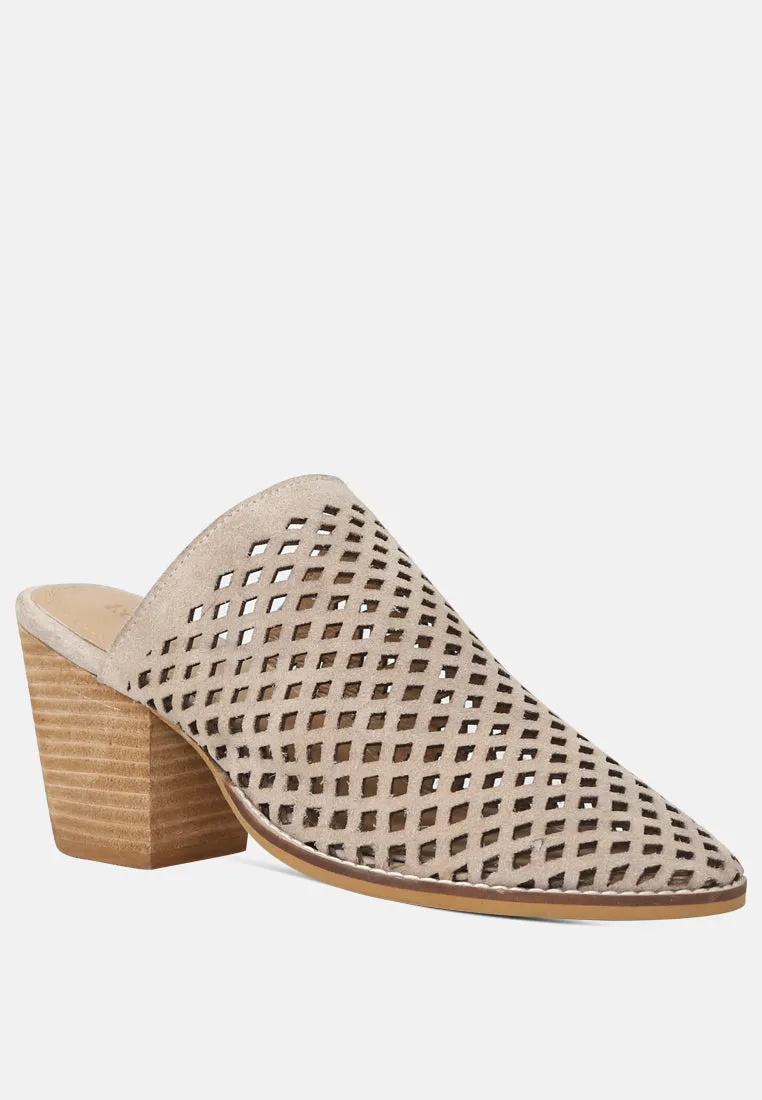 Sia Stacked Heel Laser-Cut Mules