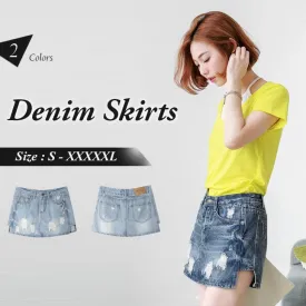 SIDE SLIT FRAYED DENIM SHORTS SKIRTS