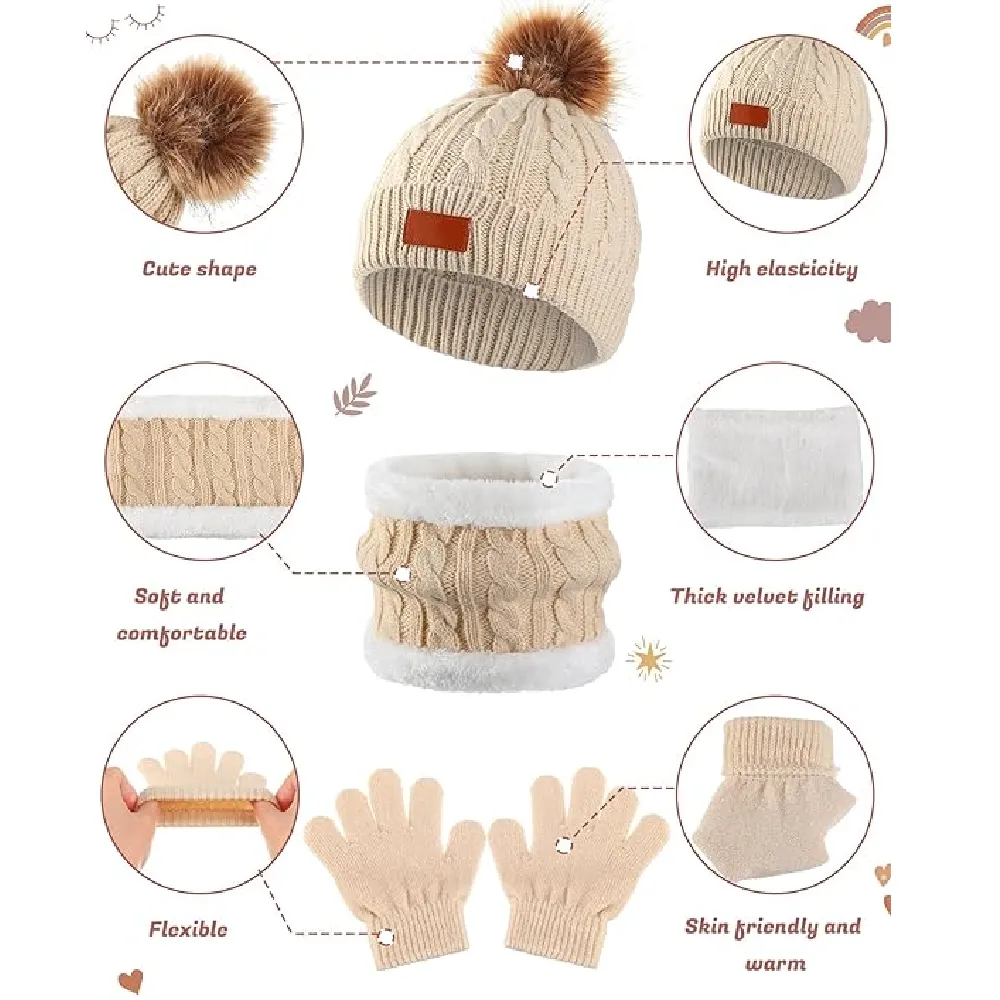 Silicherry 12 Pcs Kids Winter Beanie Gloves Hat Scarf Set Girls Boys Knitted Fleece Lined