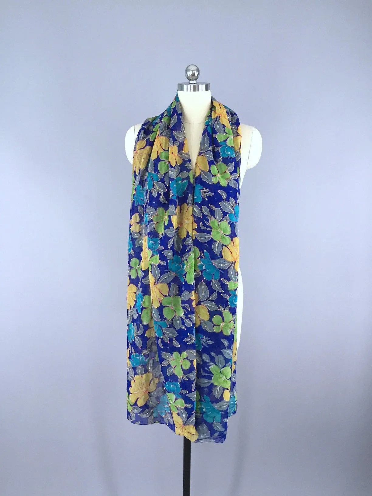 Silk Sari Scarf Shawl Wrap / Blue Floral