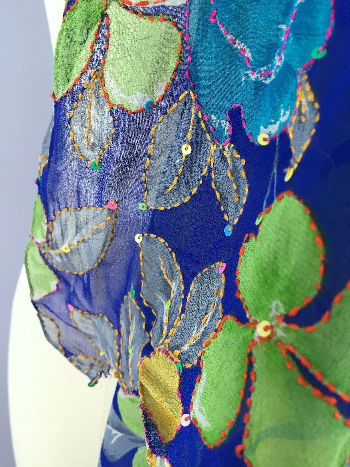 Silk Sari Scarf Shawl Wrap / Blue Floral