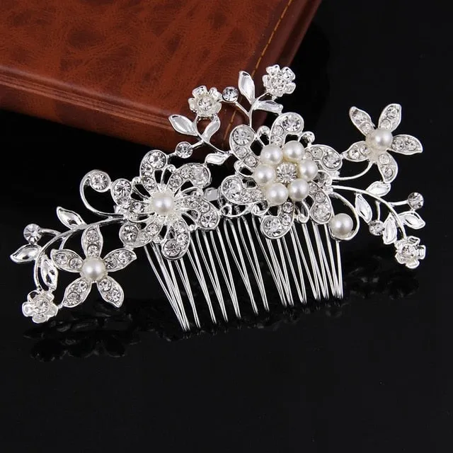 Silver Color Pearl Crystal Bridal Wedding Hair Combs