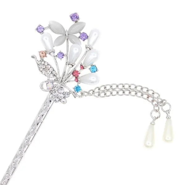 Silver Finish Rhinestone and Glass Pearl Floral Hair Stick with Tassels