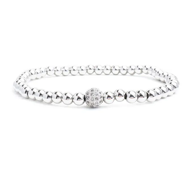 Silver Plated Beaded CZ Pave Plated Stretch Bracelet