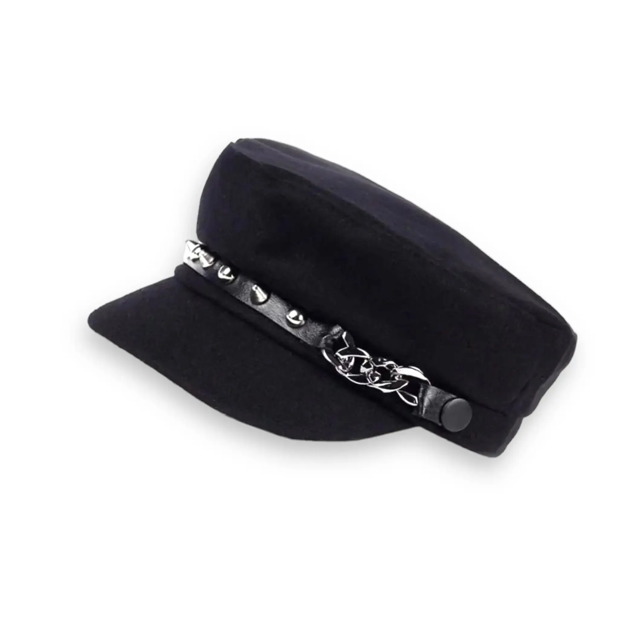 Silver Spiked Black Newsboy Cap