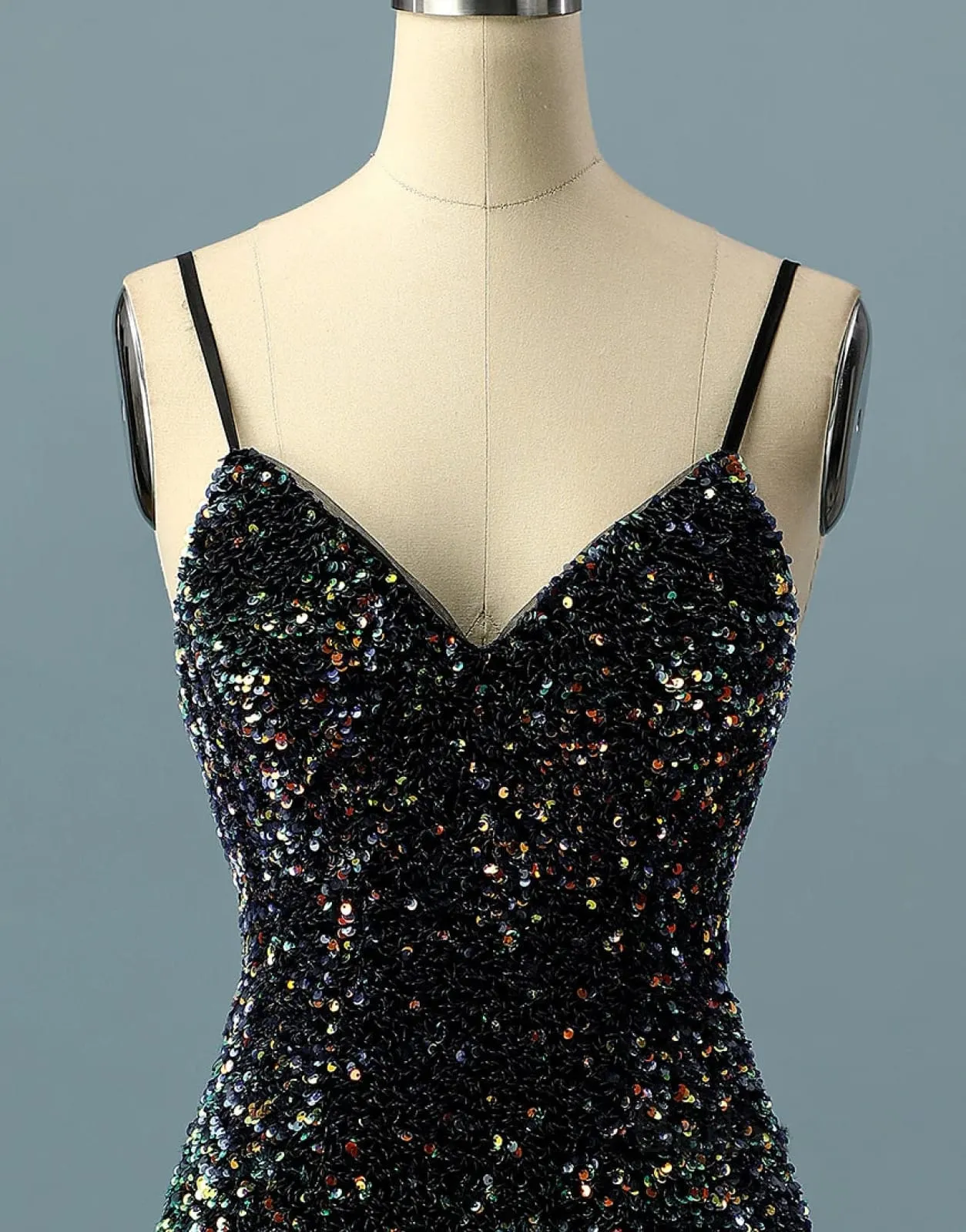 Simple Black Sequin Spaghetti Straps V Back Short Homecoming Dress