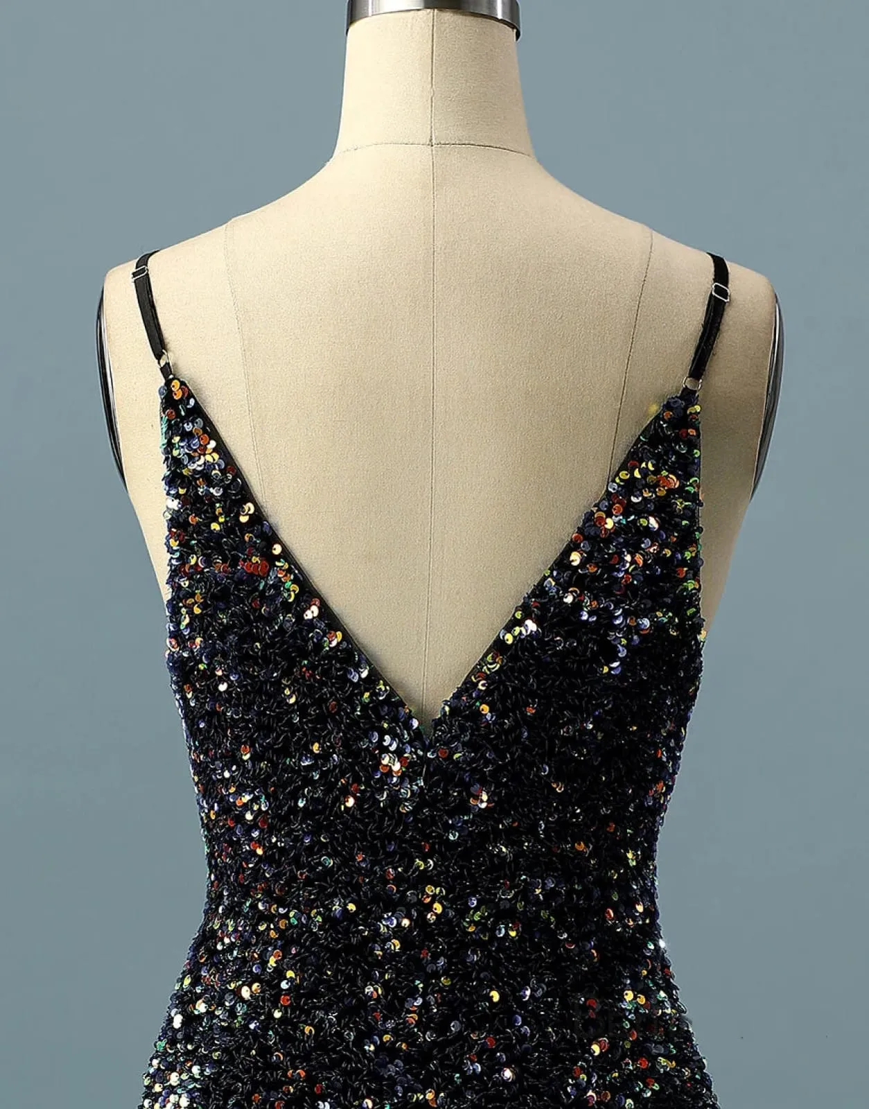 Simple Black Sequin Spaghetti Straps V Back Short Homecoming Dress