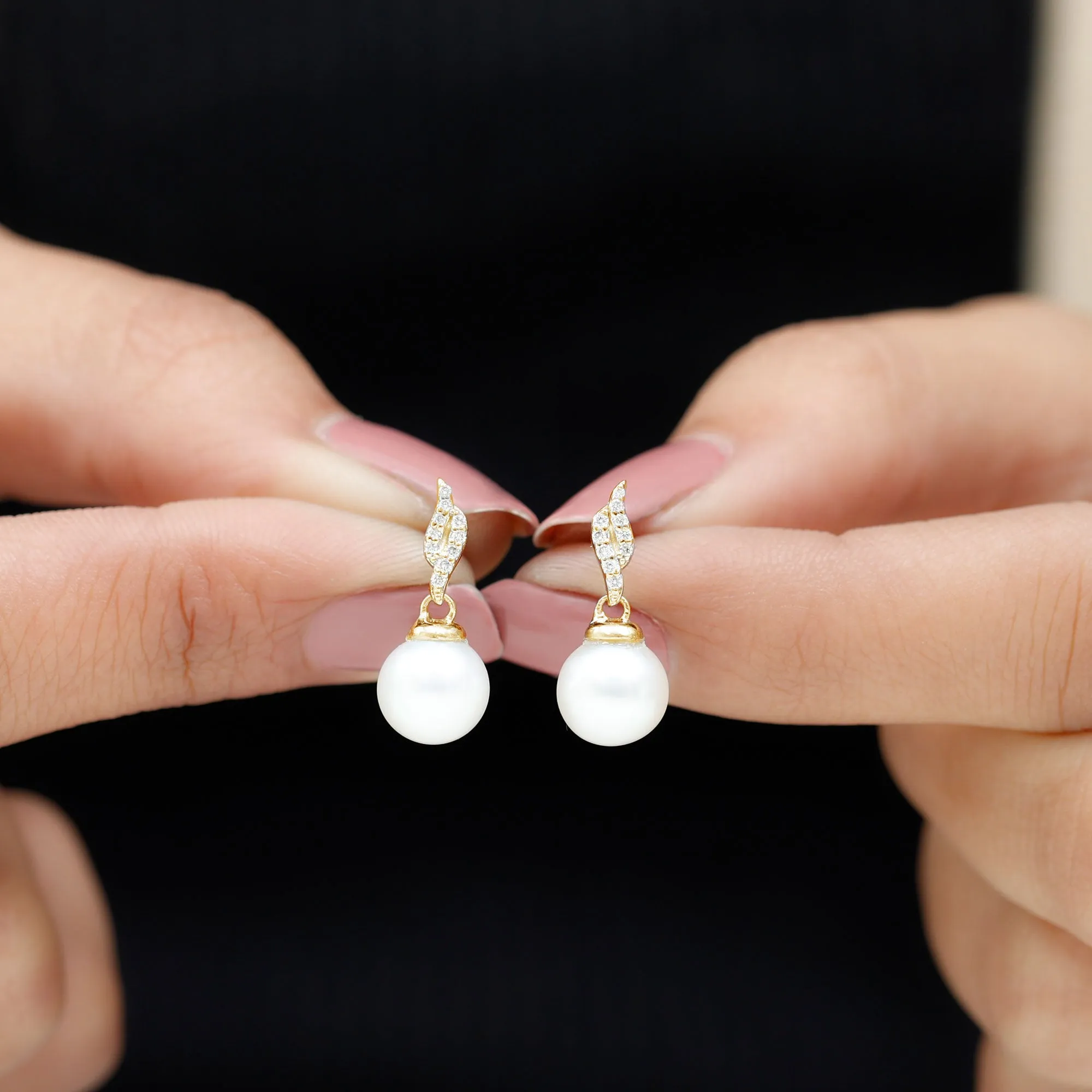 Simple Drop Earrings with Freshwater Pearl and Diamond Stones