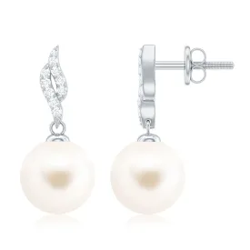 Simple Drop Earrings with Freshwater Pearl and Diamond Stones