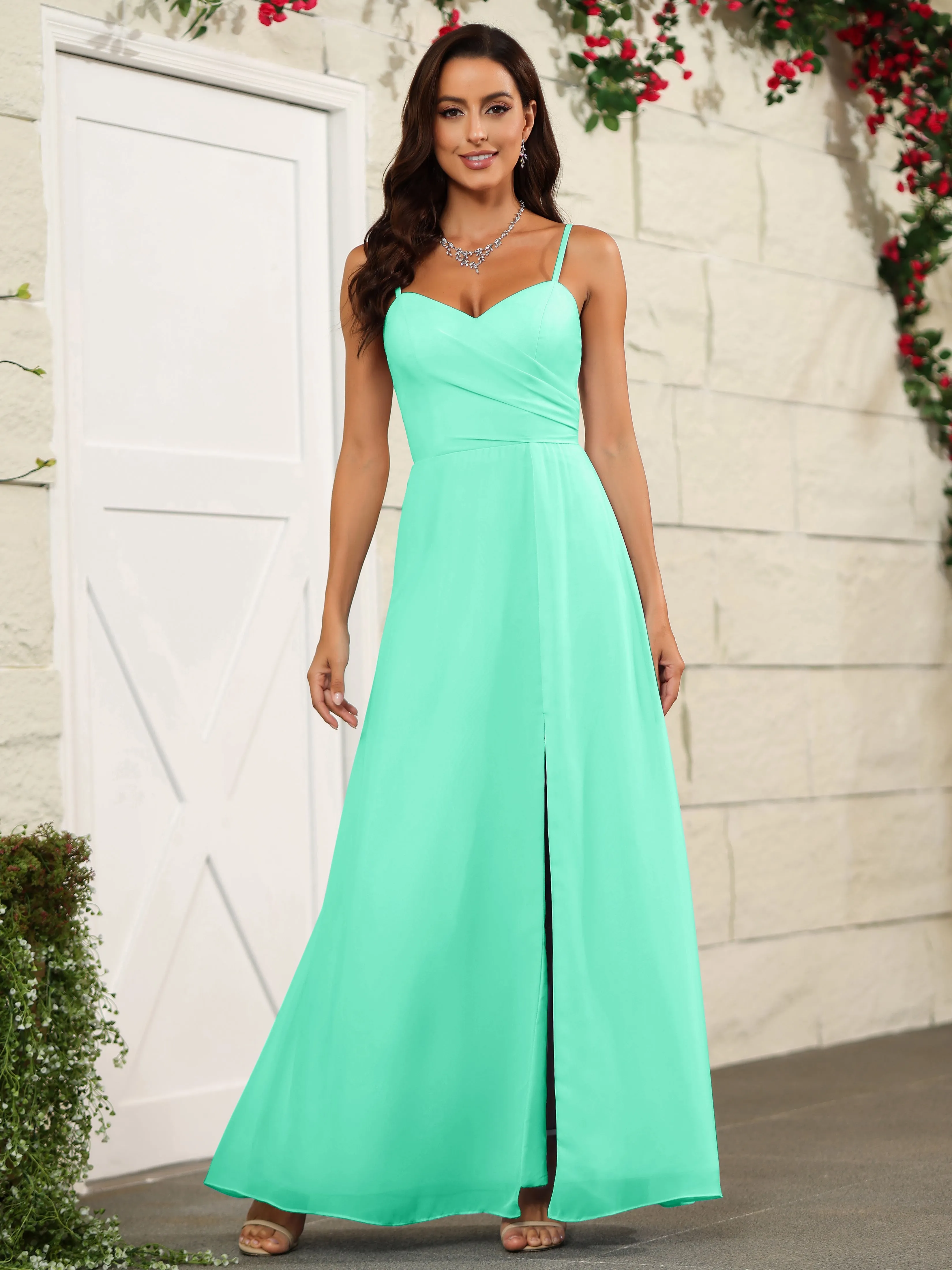 Simple Spaghetti Straps Chiffon Long Bridesmaid Dresses