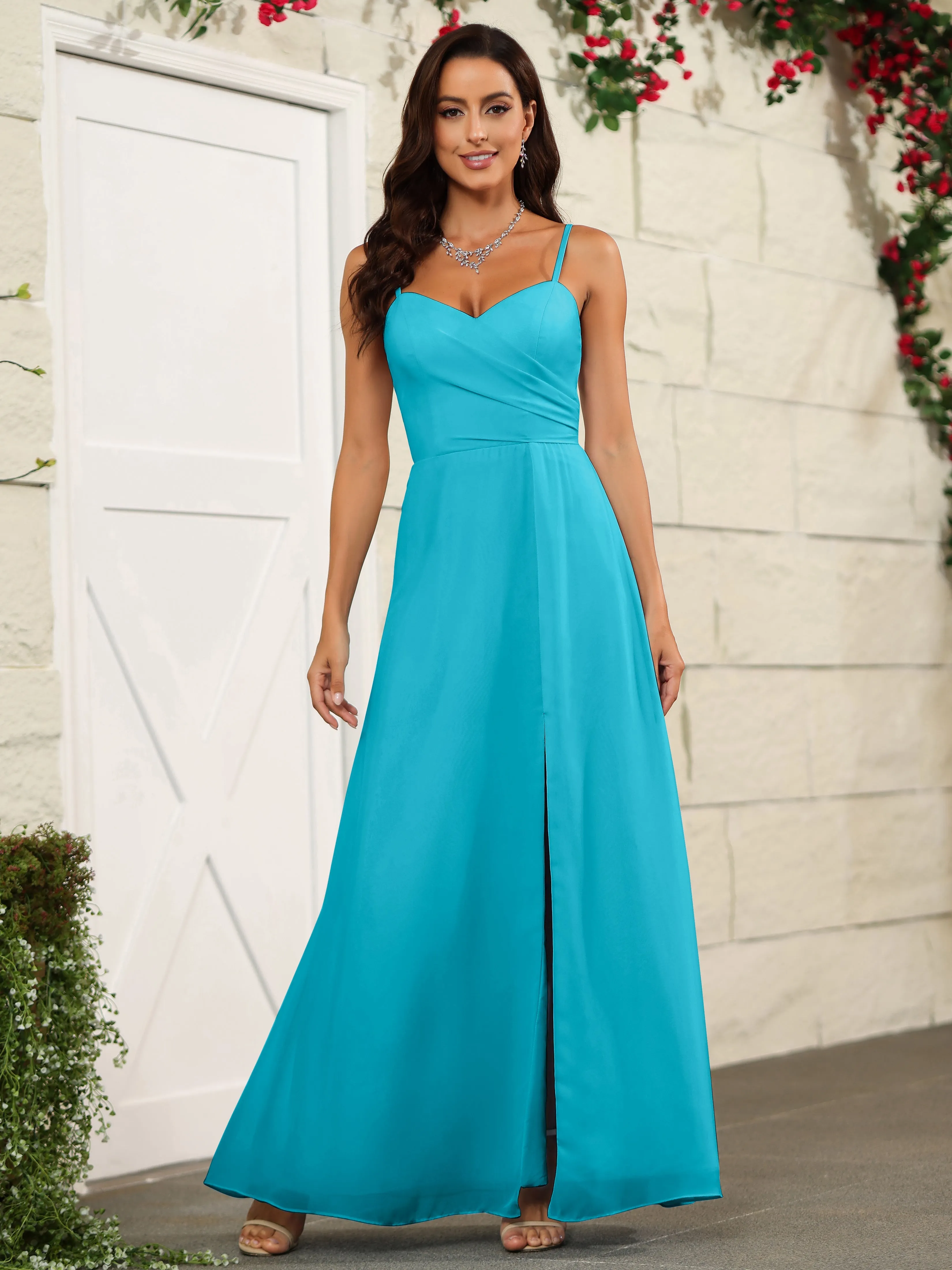 Simple Spaghetti Straps Chiffon Long Bridesmaid Dresses