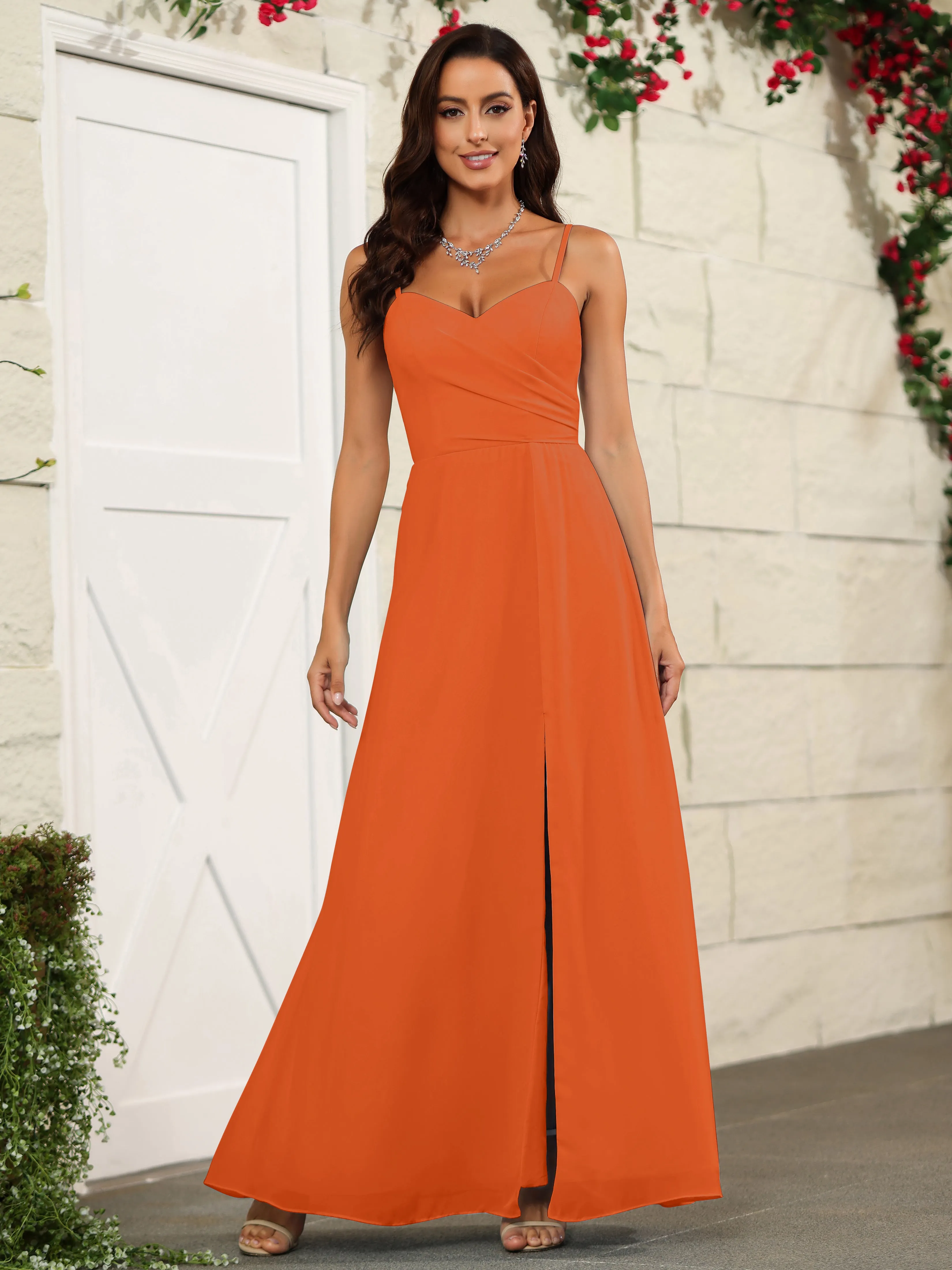 Simple Spaghetti Straps Chiffon Long Bridesmaid Dresses