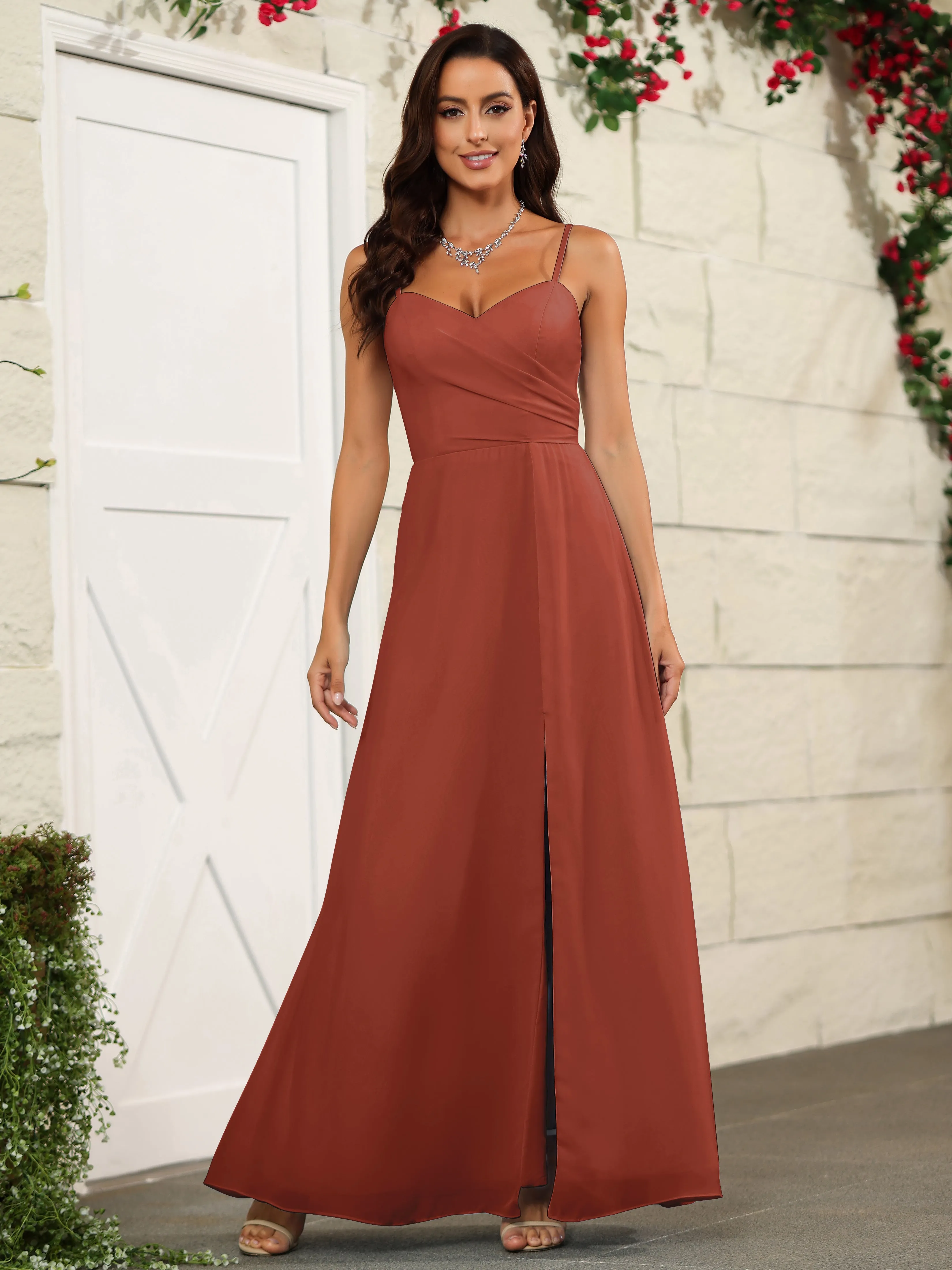 Simple Spaghetti Straps Chiffon Long Bridesmaid Dresses