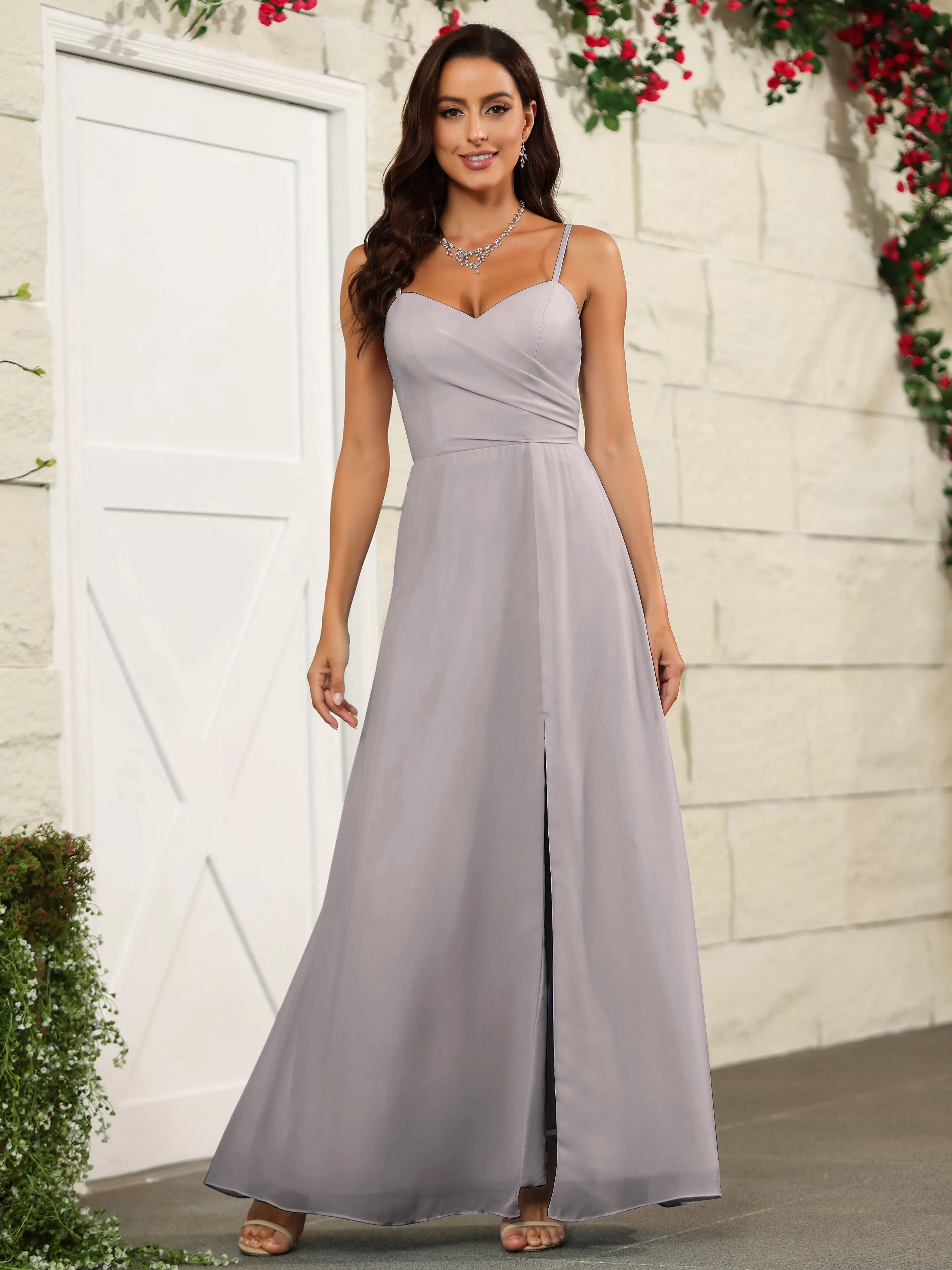 Simple Spaghetti Straps Chiffon Long Bridesmaid Dresses