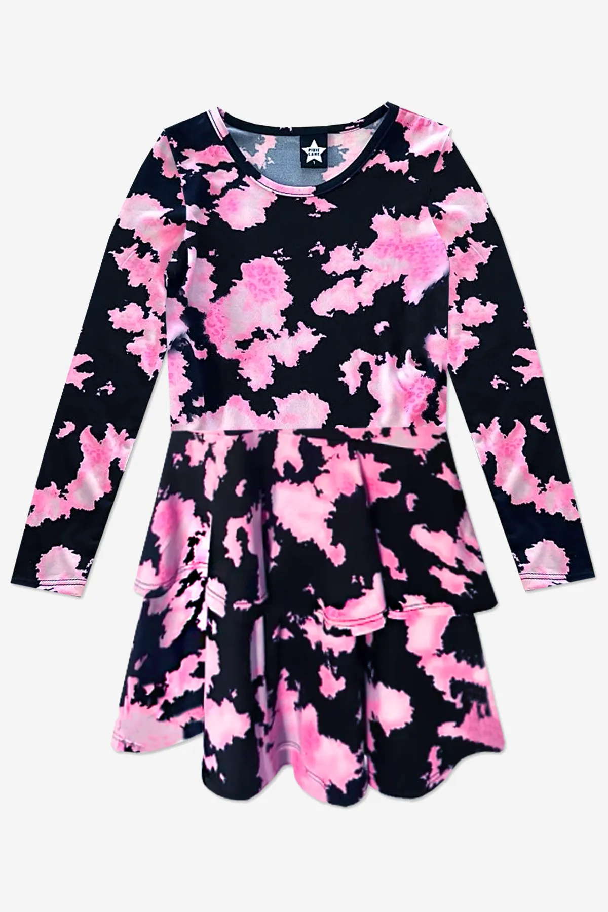 Simply Soft Long Sleeve Ruffle Skirt Dress - Black Neon Pink Tie Dye