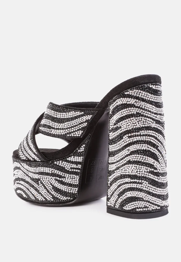 Sinful High Platform Patterned Diamante Slides