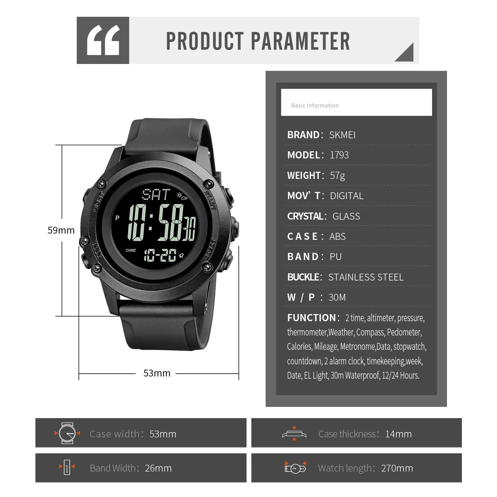 SKMEI 1793 Powerful Digital Compass Watch with Altimeter and Thermometer & Pressure