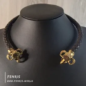 Skull Torc Necklace Gold Horned Brown Leather