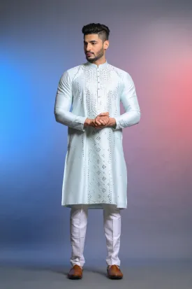 Sky Blue Silk Kurta Set With Mirror Work