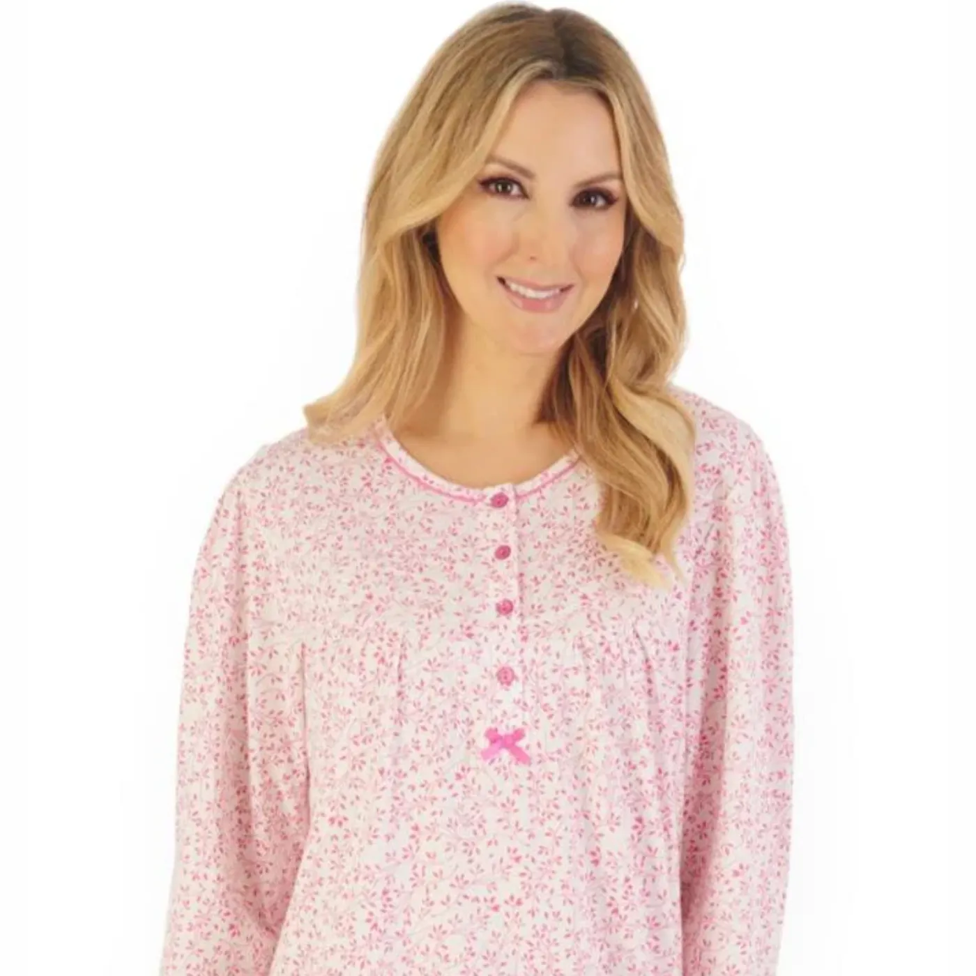 Slenderella Leaf Print Jersey Long Sleevee Nightdress | Pink