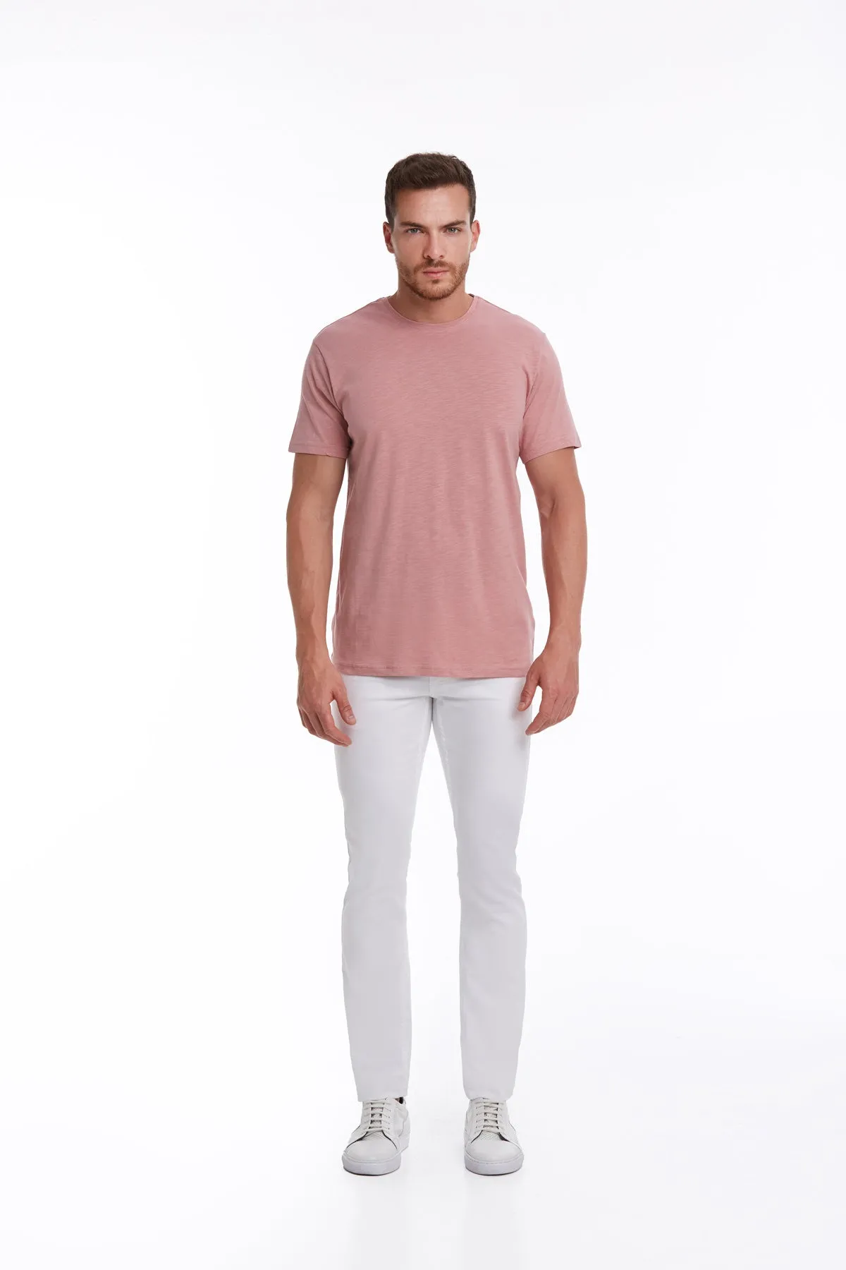 Slim Fit Basic Cotton Pink Crew Neck T-Shirt