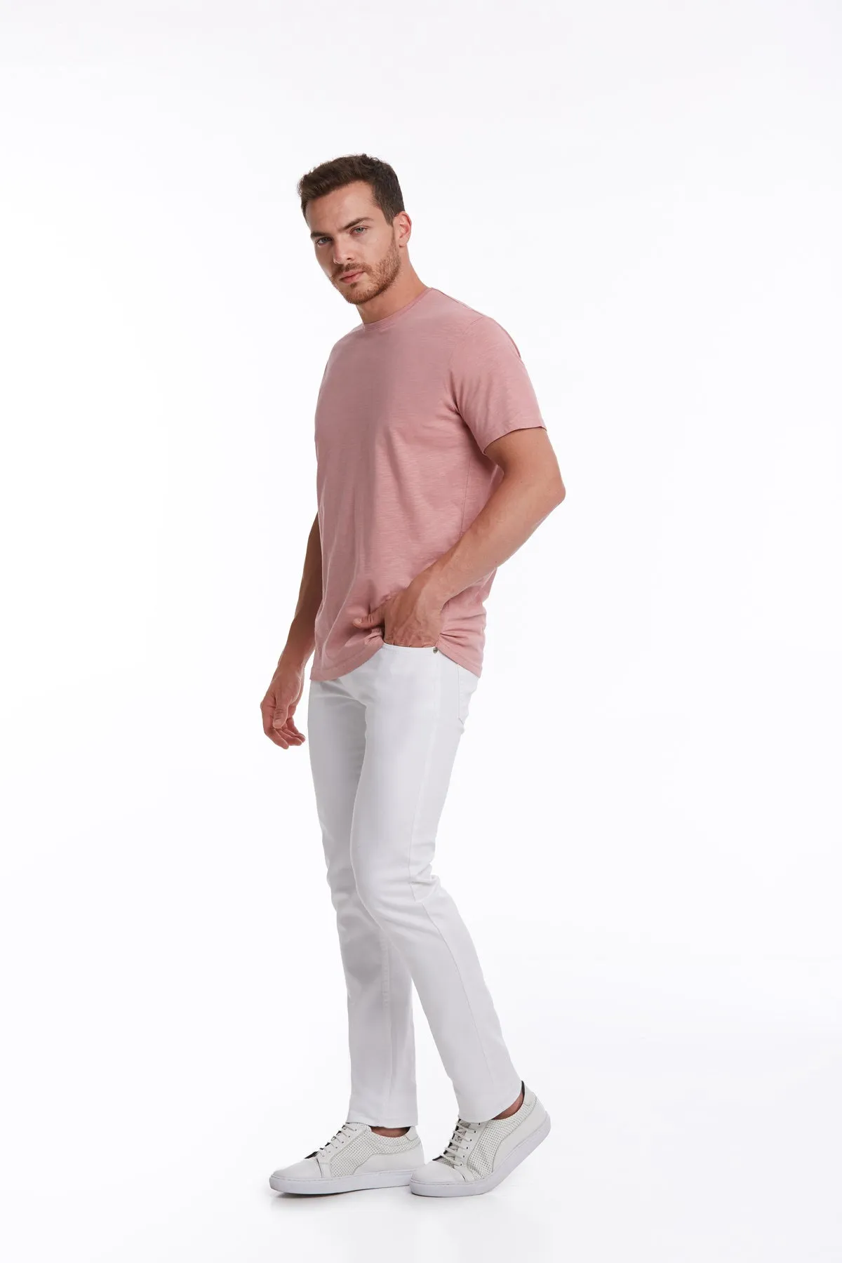 Slim Fit Basic Cotton Pink Crew Neck T-Shirt