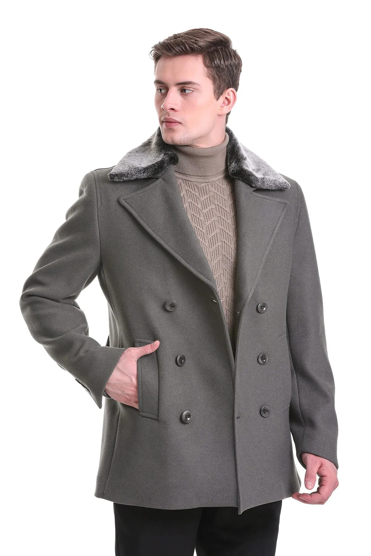 Slim Fit Cachet Double Breasted Musty Gray Wool Blend Coat