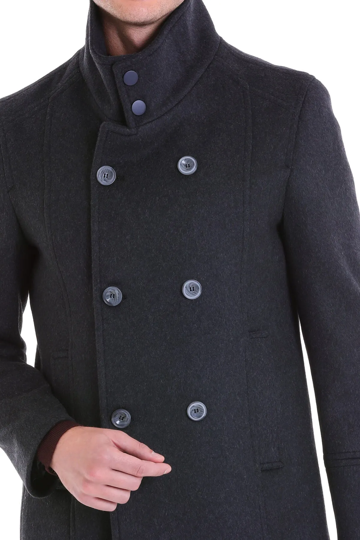 Slim Fit Double Breasted Charcoal Wool Blend Coat