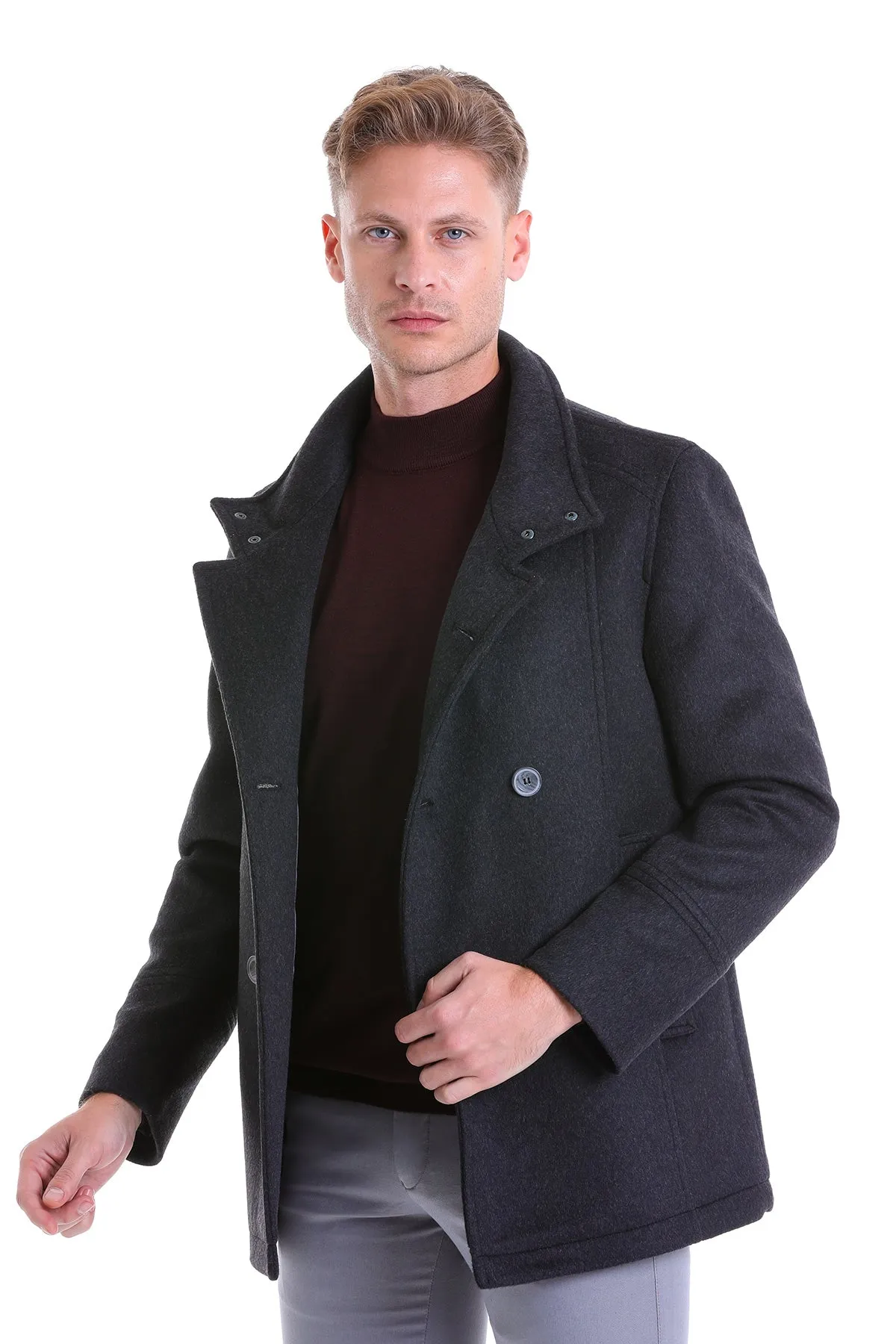 Slim Fit Double Breasted Charcoal Wool Blend Coat